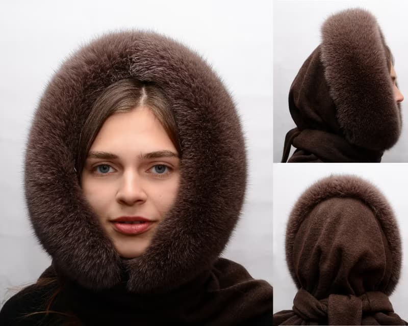 Women's Fur Hood Real Fox Fur Hat Arctic Fox, Blue Frost Fur Russian Fur Hat