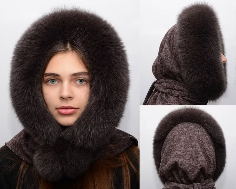 Women's Fur Hood Real Fox Fur Hat Arctic Fox, Blue Frost Fur Russian Fur Hat