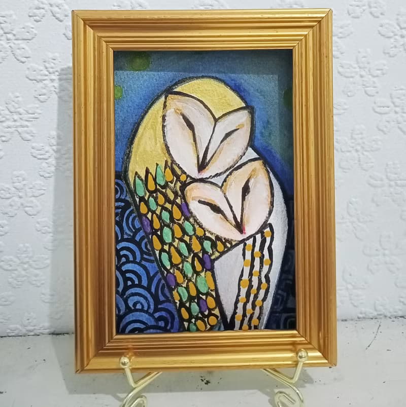 貓頭鷹手繪卡含金色相框