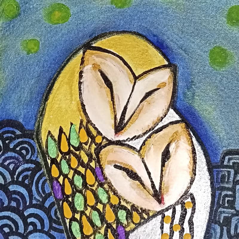 貓頭鷹手繪卡含金色相框