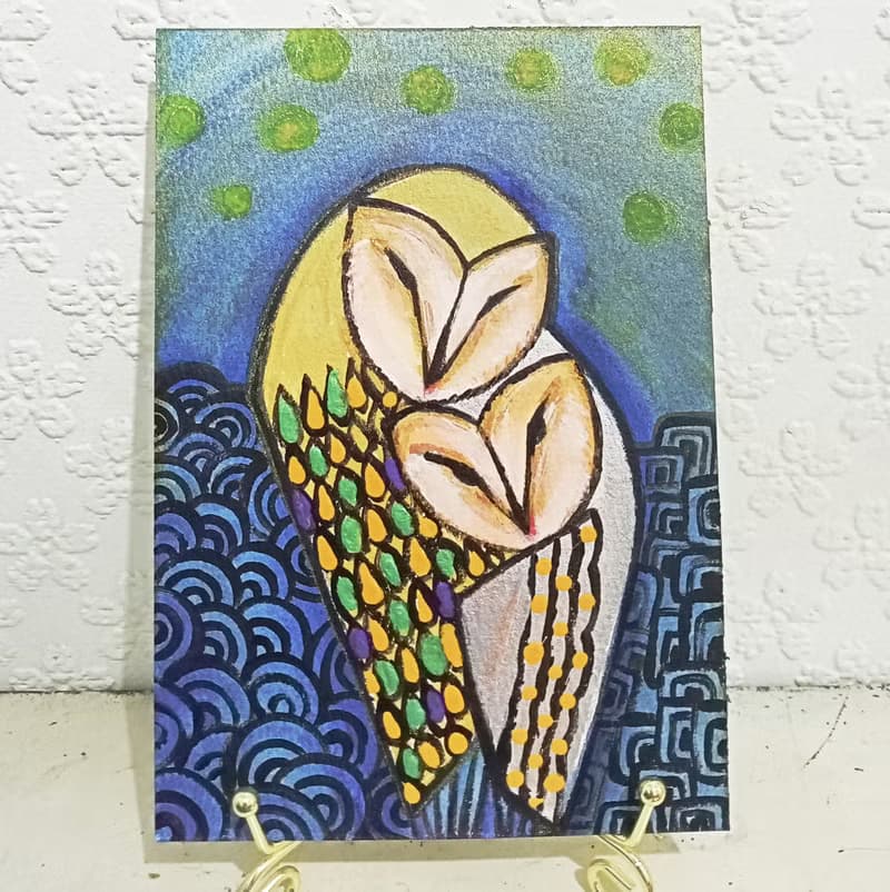 貓頭鷹手繪卡含金色相框