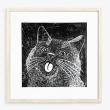 Black funny portrait cat Linocut print Original relief artwork wall art decor