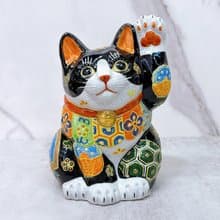 【金鈴守福】日本九谷燒招財貓 |  黑地盛小紋5.7號