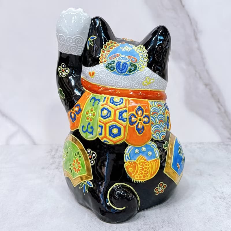 【金鈴守福】日本九谷燒招財貓 |  黑地盛小紋5.7號