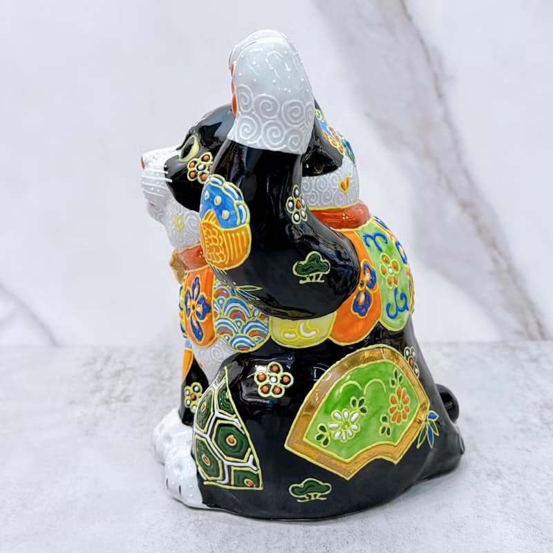 【金鈴守福】日本九谷燒招財貓 |  黑地盛小紋5.7號