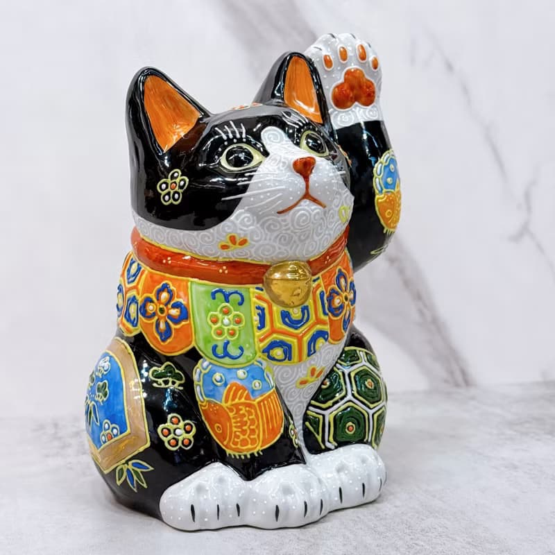 【金鈴守福】日本九谷燒招財貓 |  黑地盛小紋5.7號