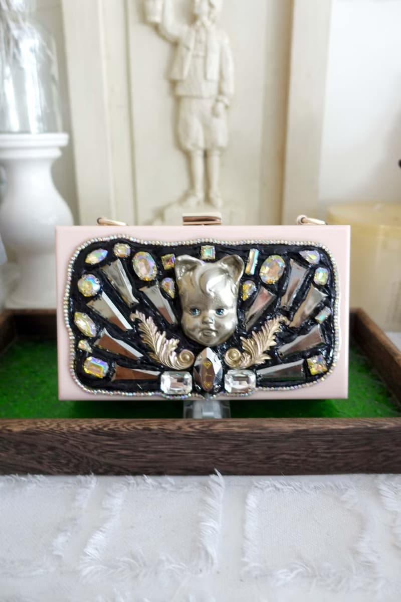 手工立體貓耳娃娃寶石珠寶水晶雕花 粉紅色壓克力盒子手袋包包