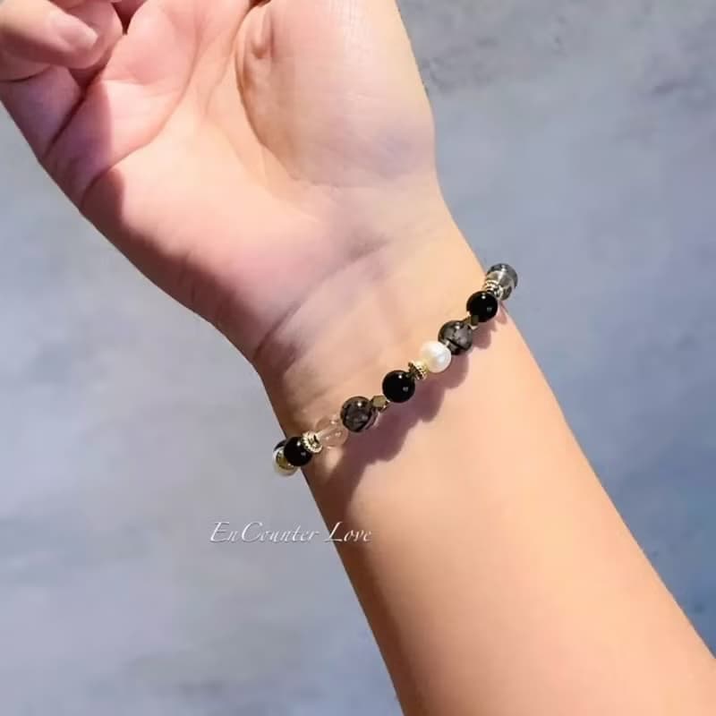 現貨禮盒包裝【夜巴黎】黑髮晶 黑瑪瑙 白水晶 珍珠手鍊 旺事業