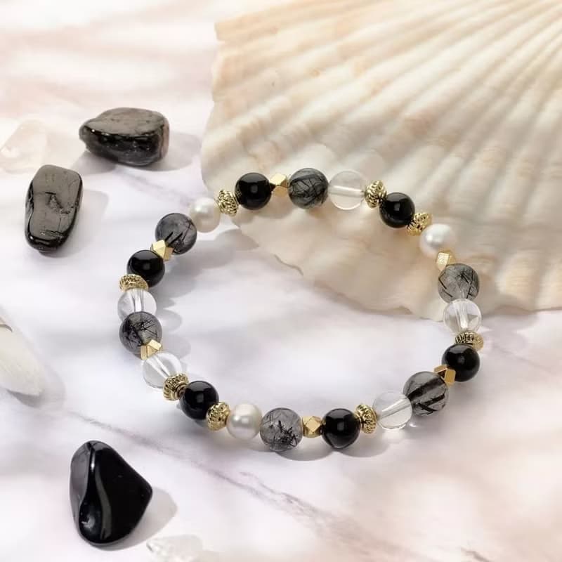 現貨禮盒包裝【夜巴黎】黑髮晶 黑瑪瑙 白水晶 珍珠手鍊 旺事業