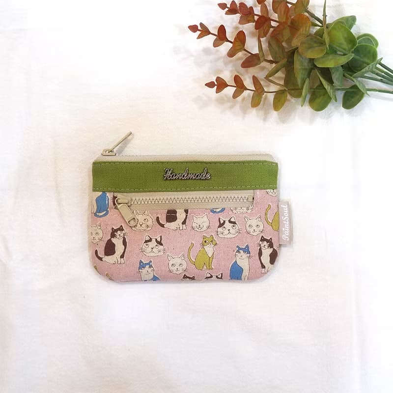 雙層收納零錢包(5吋)_日系藕色貓咪