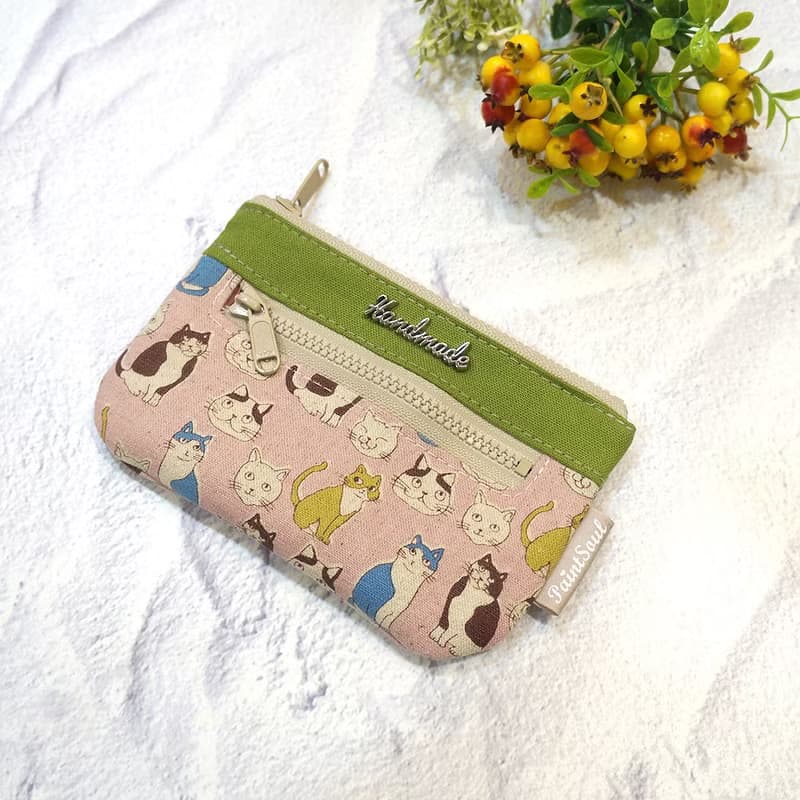 雙層收納零錢包(5吋)_日系藕色貓咪