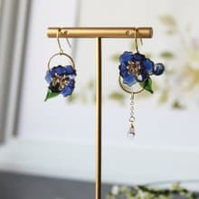【山茶花不對稱耳環】 藍色山茶花耳環 手工銅線樹脂 耳環/耳夾