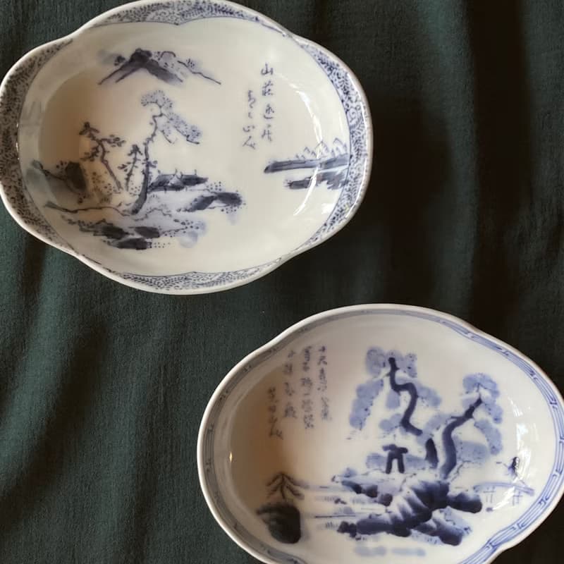 老日本 昭和9年 染付松樹紋瓷刺身皿 18入/共箱