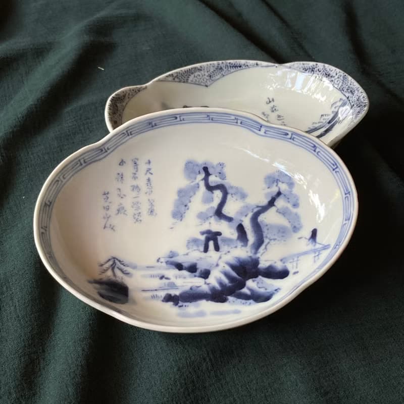 老日本 昭和9年 染付松樹紋瓷刺身皿 18入/共箱