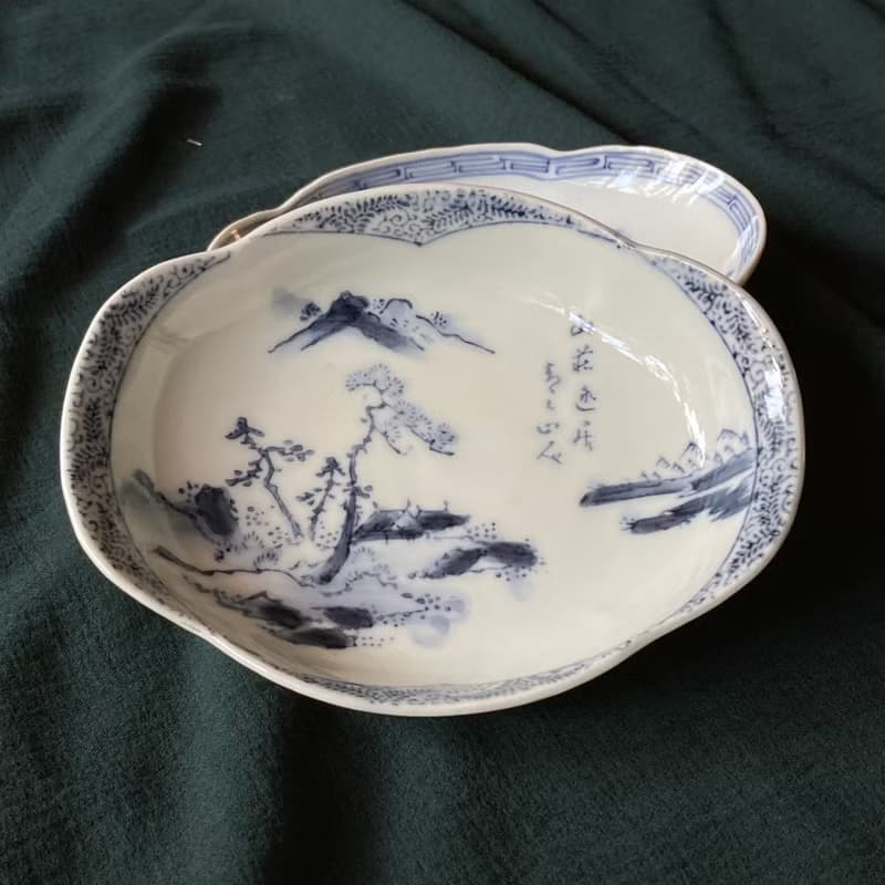 老日本 昭和9年 染付松樹紋瓷刺身皿 18入/共箱