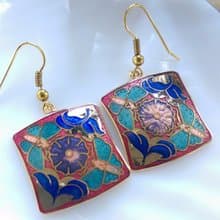 【西洋古董飾品 】景泰藍 紅底 四方 蝶花 花卉 耳勾針 針式耳環