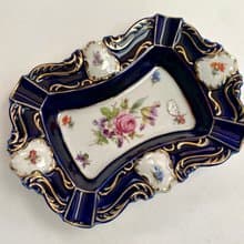 復古陶瓷煙灰缸 Lindner 鈷藍色花卉圖案德國 1970 年