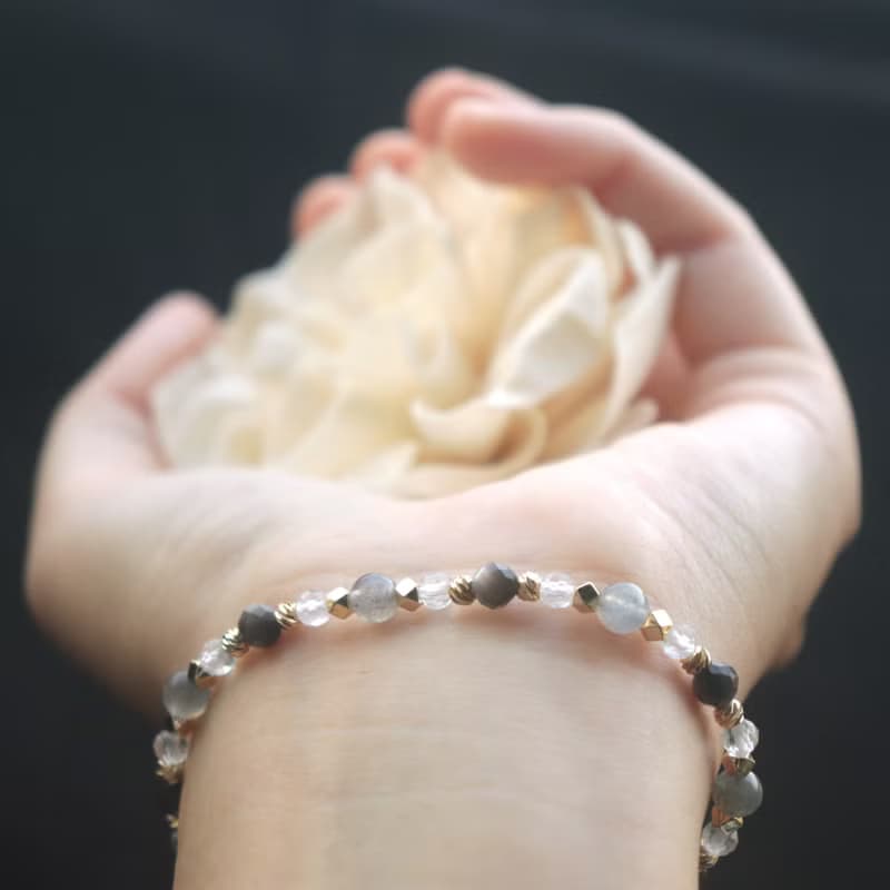 拉長石-白水晶-銀曜石-招財-防小人-水晶手鍊