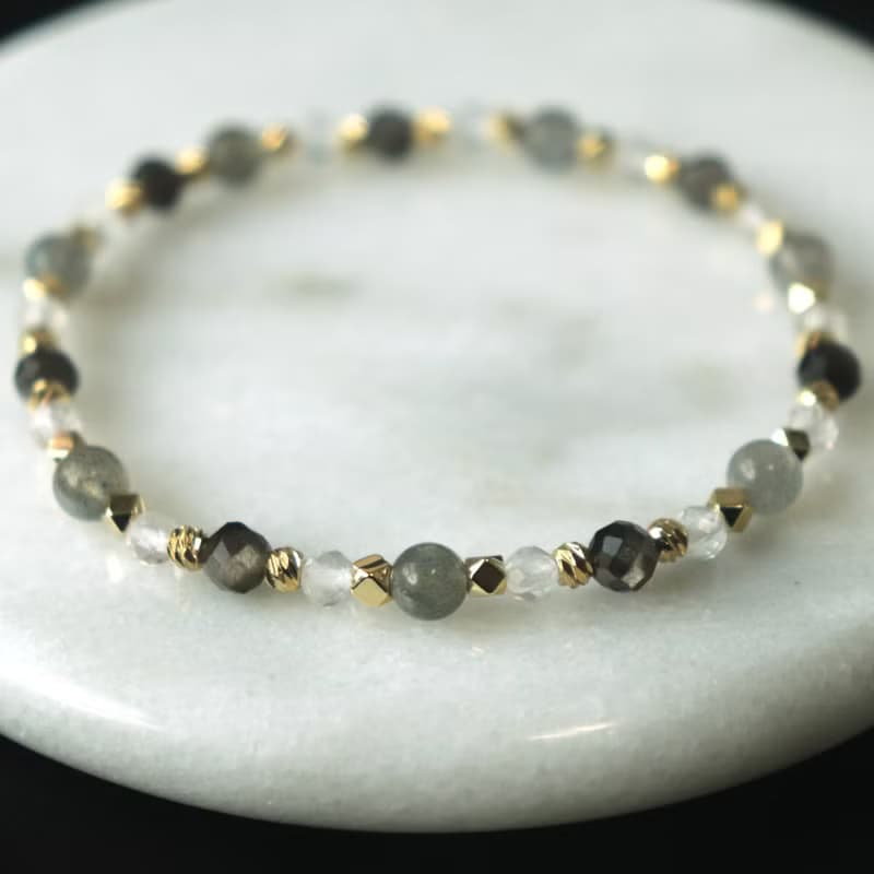 拉長石-白水晶-銀曜石-招財-防小人-水晶手鍊