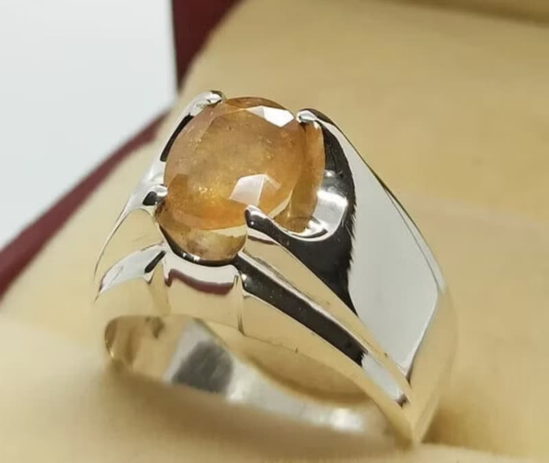 Natural Yellow Sapphire Mens Ring Sterling Silver 925 Handmade Pukhraj Ring gift