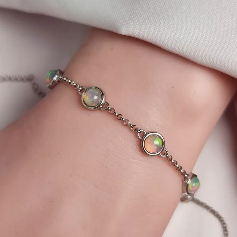 安珠 蛋白石 多色 圓形 蛋面 5mm 手鍊 和諧系列 Care 寶石銀飾