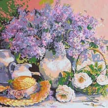 Lilac Painting Bouquet Flowers Original Art Straw Hat Wall Art Floral Still Life