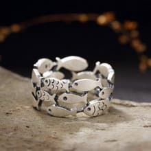 Real 990 Fine Silver Opening Rings for Women Lovely Fishes Finger Ring Ethnic