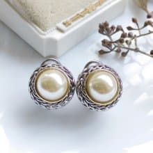 Vintage Jewelry 西洋古董飾品 銀色調 厚實 仿珠 針式耳環