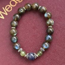 彩光拉長石+堇青石+綠磷灰石純銀水晶手鍊