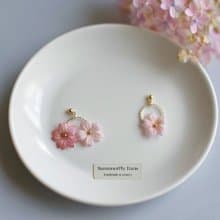 精緻上班族 絹花粉色櫻花不對稱浪漫文藝耳環