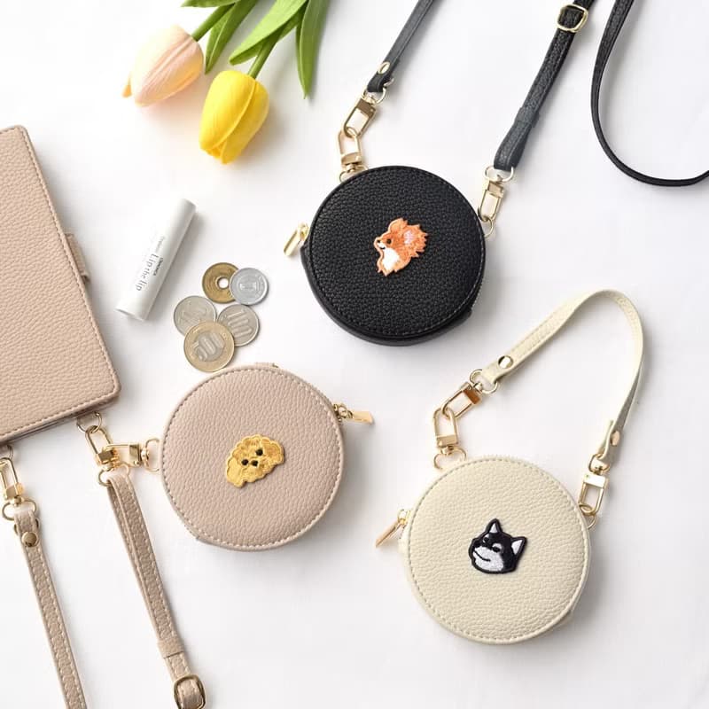 ラウンドポーチ 【 simple ワッペン 犬 】 刺繍 小銭入れ 小物入れ コインケース ミニ財布 レザー スリム アニマル ペット くすみカラー A267I