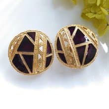 Vintage Jewelry 西洋古董飾品 BEREBI 幾何深紫琺瑯 夾式耳環