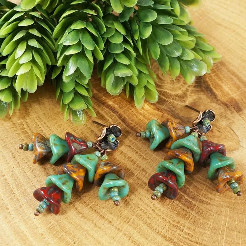 Czech Glass Flower Floral Red Yellow Mint Green Large Long Earrings Jewelry Gift