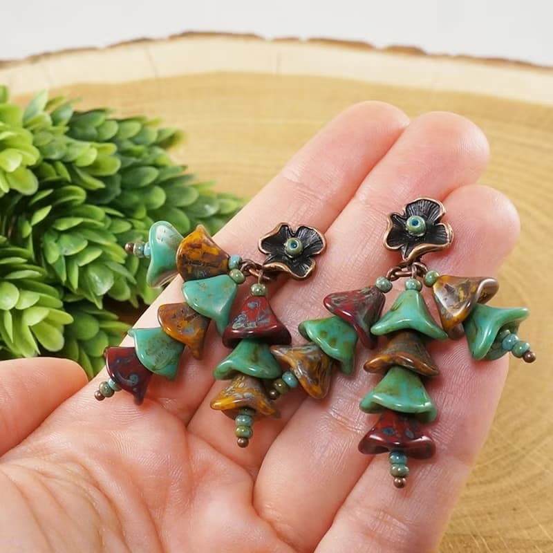 Czech Glass Flower Floral Red Yellow Mint Green Large Long Earrings Jewelry Gift