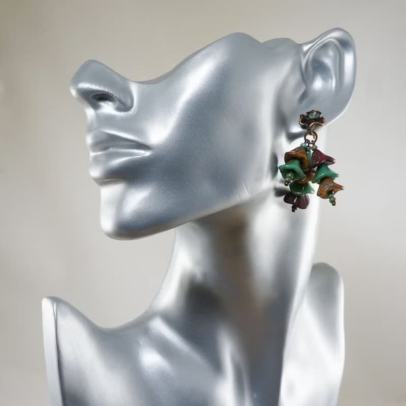 Czech Glass Flower Floral Red Yellow Mint Green Large Long Earrings Jewelry Gift