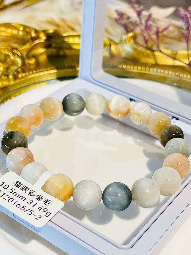 小精品貓眼稀有灰兔毛彩串毛兔毛水晶10.5mm31.49g淨化磁場療癒能