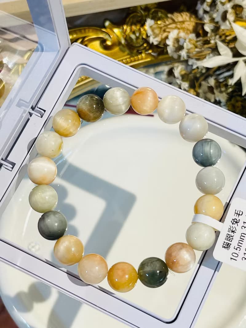 小精品貓眼稀有灰兔毛彩串毛兔毛水晶10.5mm31.49g淨化磁場療癒能