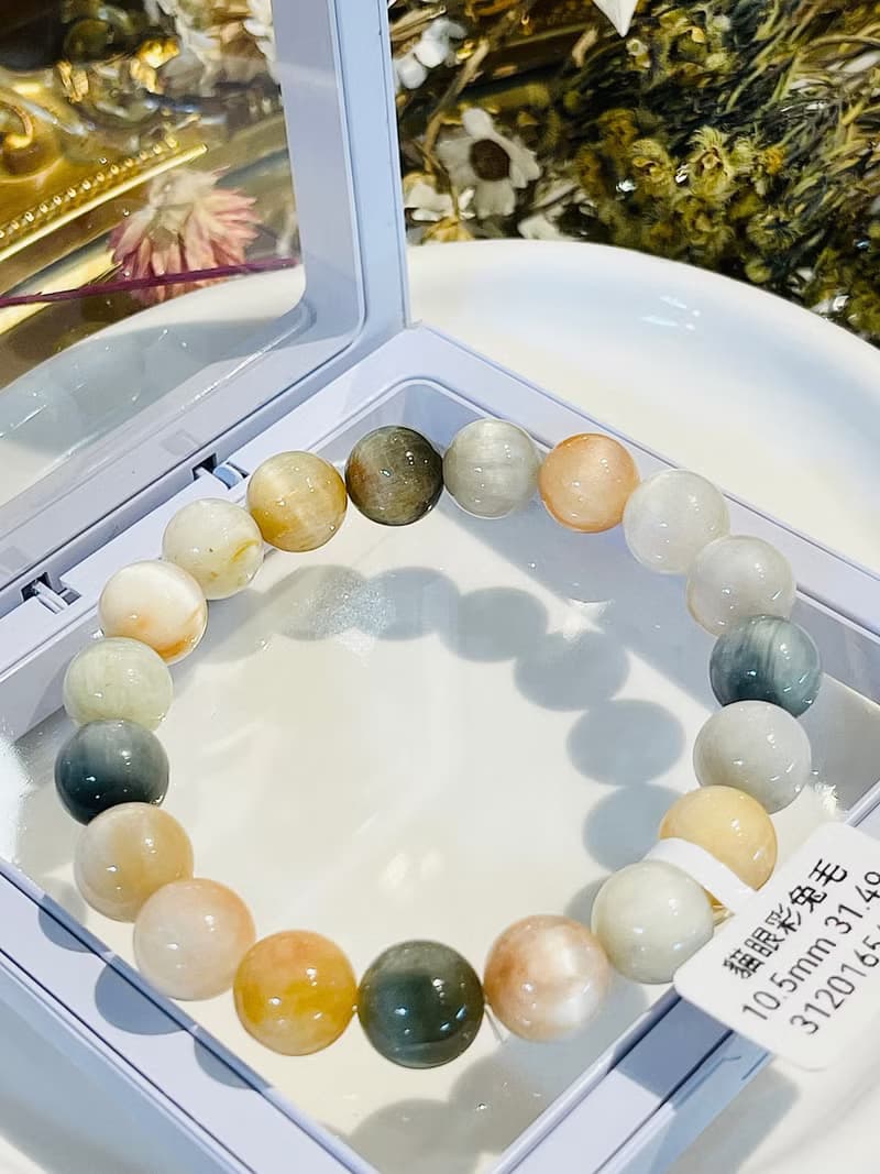 小精品貓眼稀有灰兔毛彩串毛兔毛水晶10.5mm31.49g淨化磁場療癒能