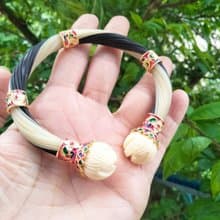 White&Black Body Elephant Tail Hair Bangle Silver Enamelled Sukhothai Free Size