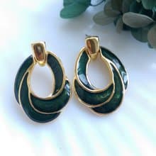 Vintage Jewelry 西洋古董飾品 復古 簡約 深綠琺瑯 針式耳環