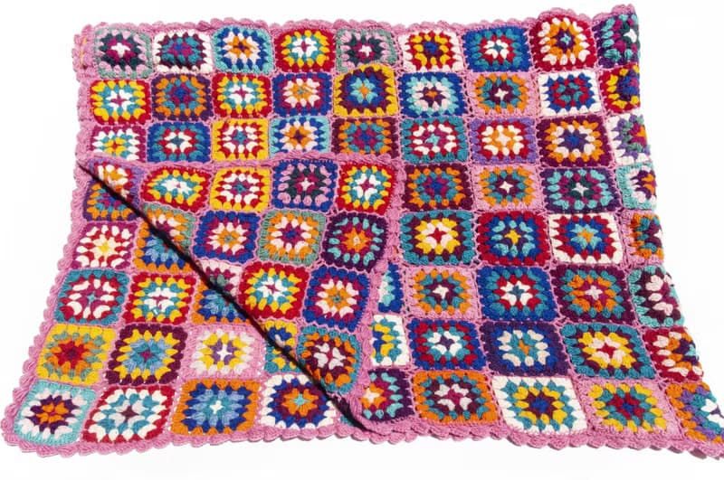 手工羊毛鉤織蓋毯 編織沙發巾 露營保暖 東歐風鉤織桌墊-彩虹花朵