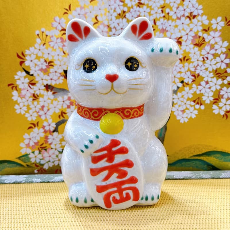 【白福萬両】日本清水燒招財貓 | 花結晶 白 - 千万両 左