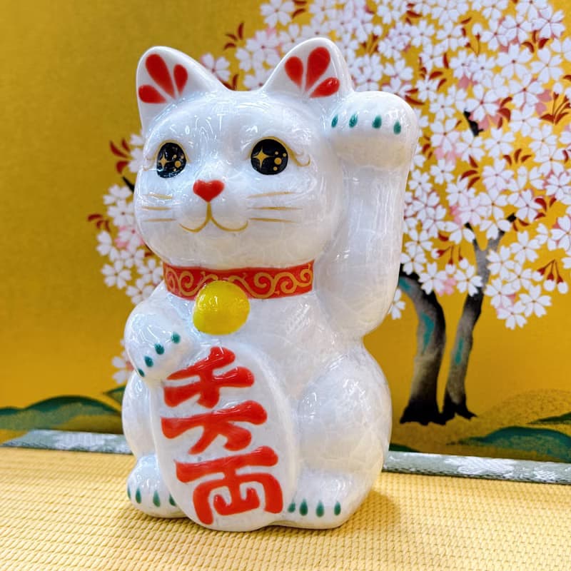 【白福萬両】日本清水燒招財貓 | 花結晶 白 - 千万両 左