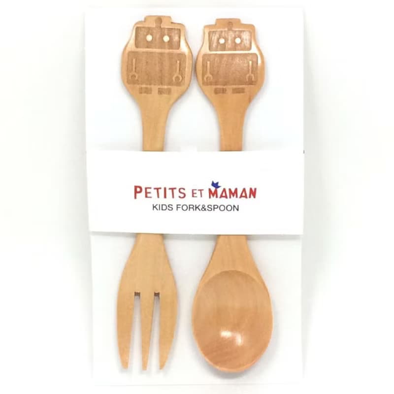 【SPICE】日本 PETIT'S MAMAN 兒童天然木頭叉子&湯匙套組-機器人