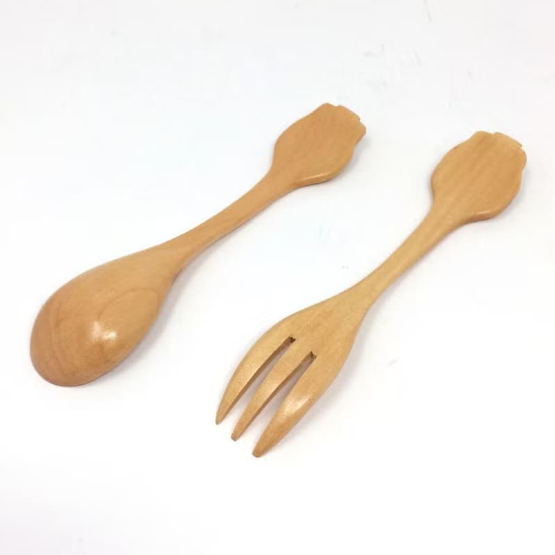 【SPICE】日本 PETIT'S MAMAN 兒童天然木頭叉子&湯匙套組-機器人