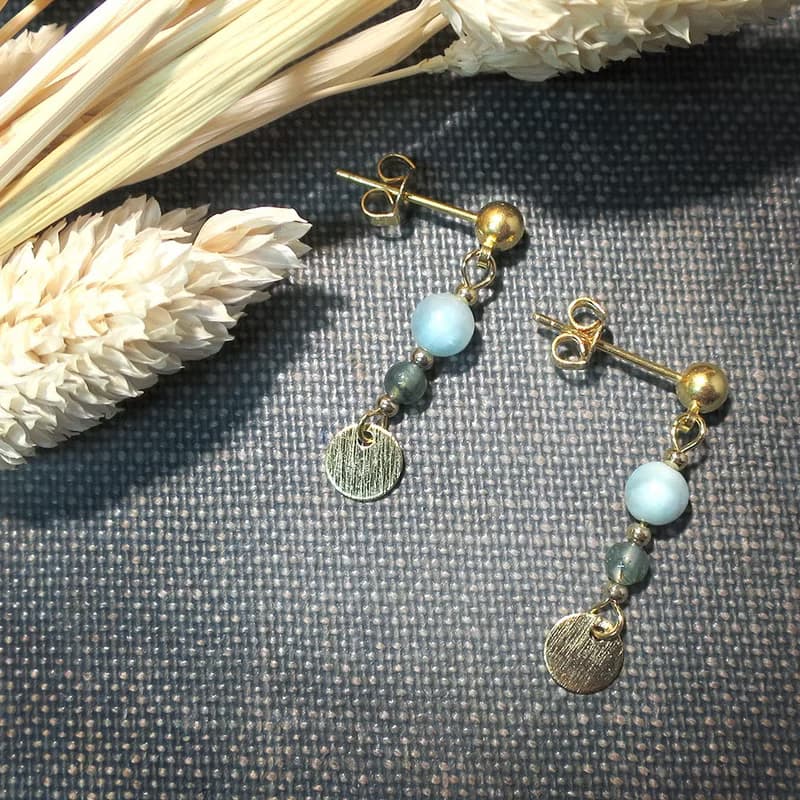 VIIART。海底世界-海草。天河石水草瑪瑙鍍金耳環