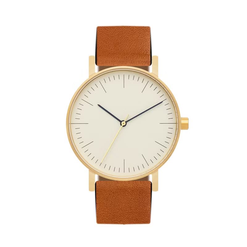 BIJOUONE彼樹灣 B001 金色表殼 淡黃表盤 真皮表帶 男女精鋼手錶