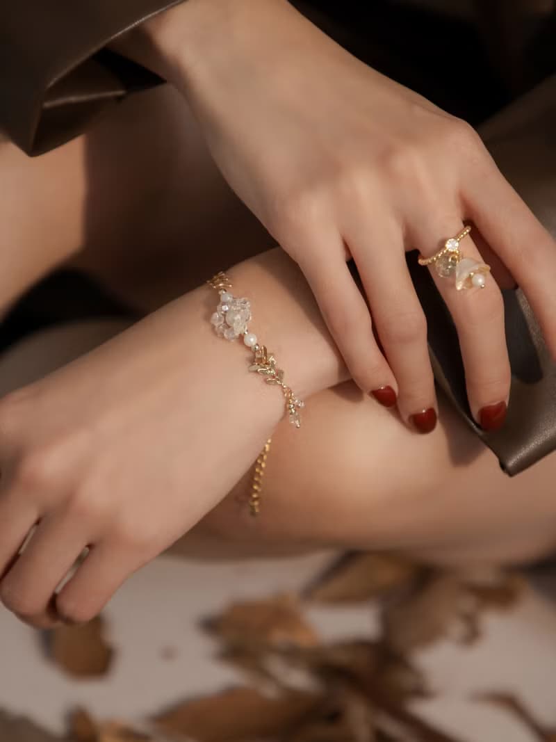 落葉微光。MUCHAT手作14KGP枝葉水晶珠花手鍊