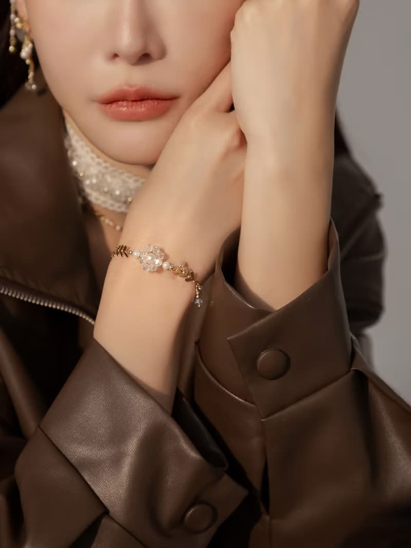 落葉微光。MUCHAT手作14KGP枝葉水晶珠花手鍊