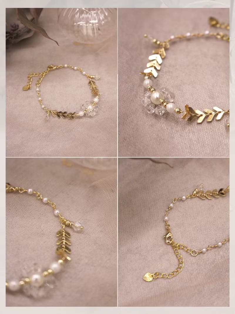 落葉微光。MUCHAT手作14KGP枝葉水晶珠花手鍊